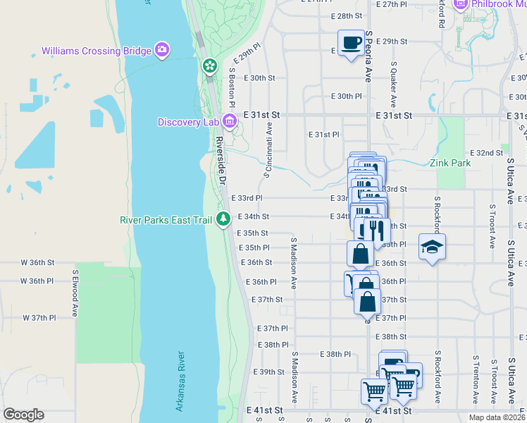 map of restaurants, bars, coffee shops, grocery stores, and more near 207 East 34th Street in Tulsa