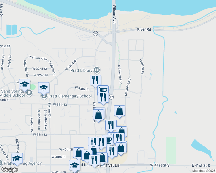 map of restaurants, bars, coffee shops, grocery stores, and more near 3300 Oklahoma 97 in Sand Springs