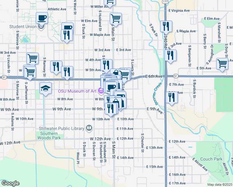 map of restaurants, bars, coffee shops, grocery stores, and more near in Stillwater