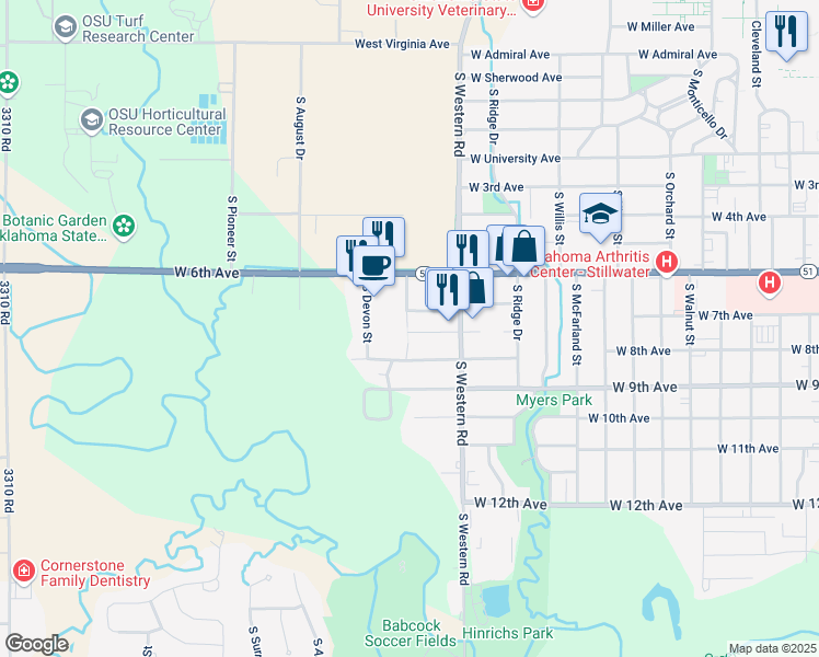 map of restaurants, bars, coffee shops, grocery stores, and more near 700 South Wicklow Court in Stillwater