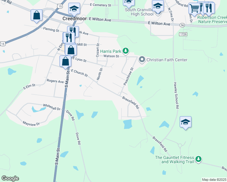 map of restaurants, bars, coffee shops, grocery stores, and more near 321 East Church Street in Creedmoor