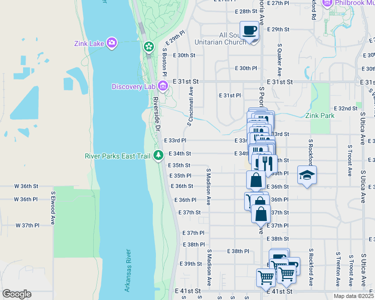 map of restaurants, bars, coffee shops, grocery stores, and more near 207 East 34th Street in Tulsa