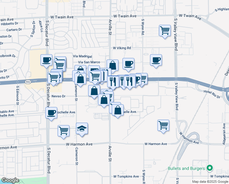 map of restaurants, bars, coffee shops, grocery stores, and more near 4381 West Flamingo Road in Las Vegas