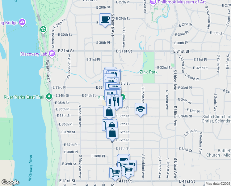 map of restaurants, bars, coffee shops, grocery stores, and more near 3348 South Peoria Avenue in Tulsa