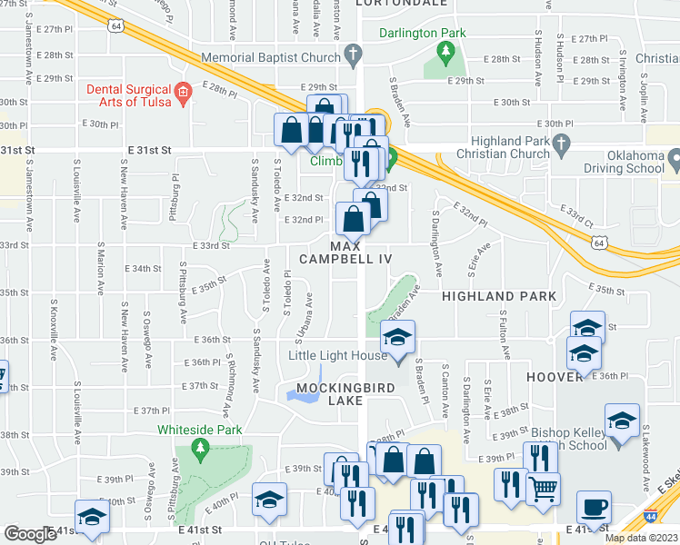 map of restaurants, bars, coffee shops, grocery stores, and more near 4809 East 35th Street in Tulsa