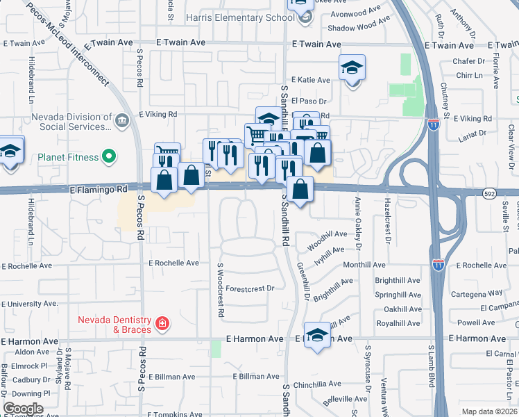 map of restaurants, bars, coffee shops, grocery stores, and more near 4168 East Pinecrest Circle in Las Vegas