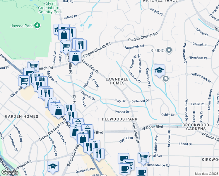 map of restaurants, bars, coffee shops, grocery stores, and more near 3505 Lawndale Drive in Greensboro