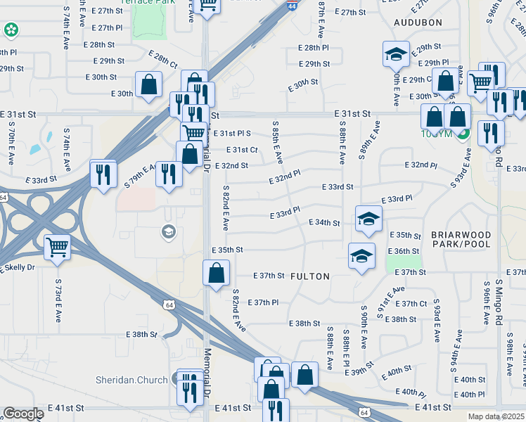 map of restaurants, bars, coffee shops, grocery stores, and more near 8249 E 33rd Pl in Tulsa