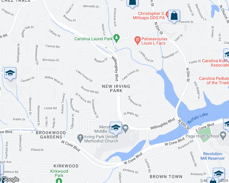 map of restaurants, bars, coffee shops, grocery stores, and more near 317 Willoughby Boulevard in Greensboro