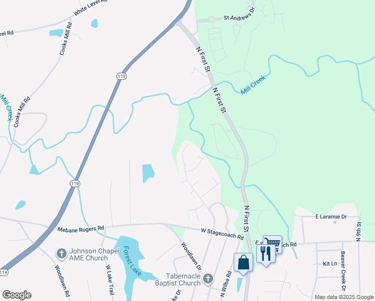 map of restaurants, bars, coffee shops, grocery stores, and more near 1010 North Carr Street in Mebane