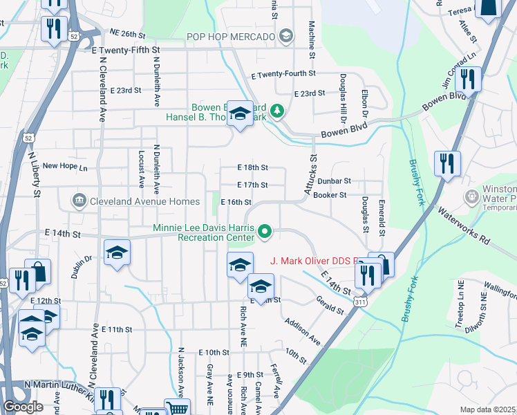 map of restaurants, bars, coffee shops, grocery stores, and more near 2005 Dellabrook Road in Winston-Salem