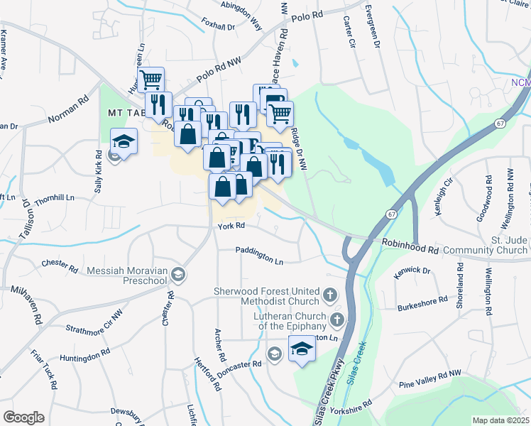 map of restaurants, bars, coffee shops, grocery stores, and more near 803 Chartwell Circle in Winston-Salem