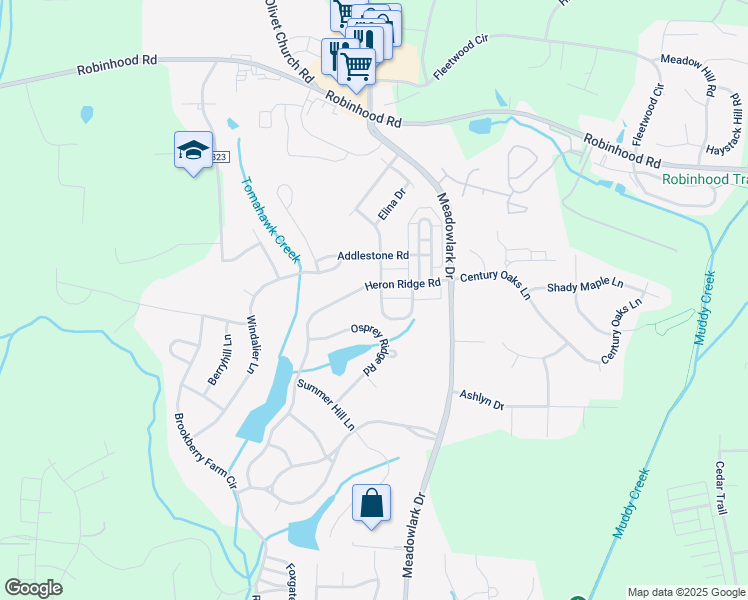 map of restaurants, bars, coffee shops, grocery stores, and more near 1472 Stable Bend Lane in Winston Salem