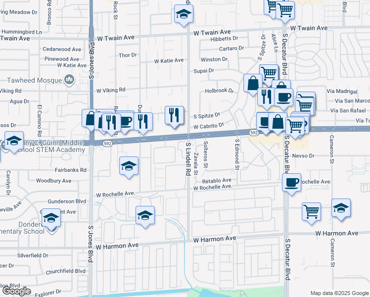 map of restaurants, bars, coffee shops, grocery stores, and more near 5525 West Flamingo Road in Las Vegas