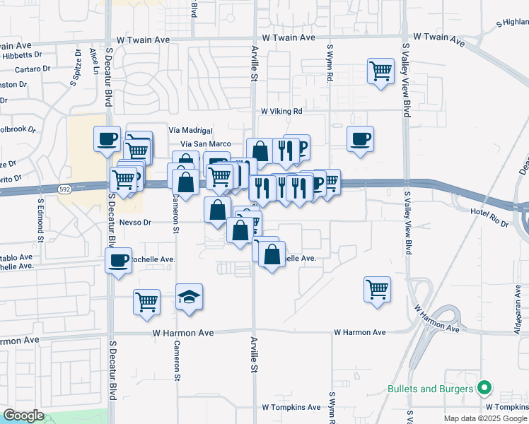 map of restaurants, bars, coffee shops, grocery stores, and more near 4381 West Flamingo Road in Las Vegas