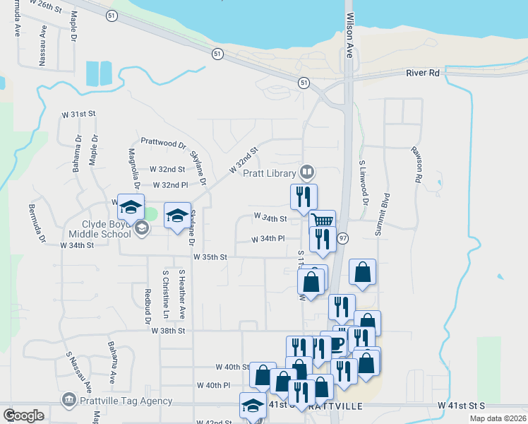 map of restaurants, bars, coffee shops, grocery stores, and more near 15 W 34th St in Sand Springs