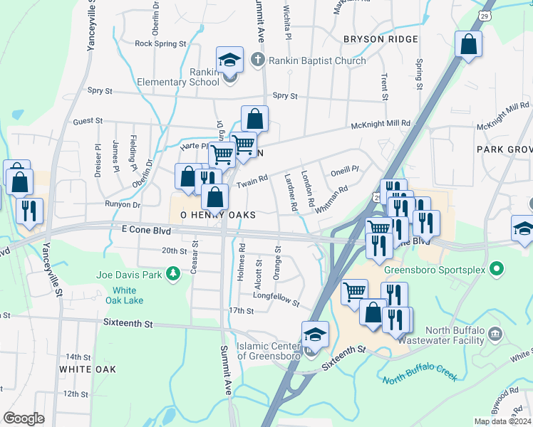 map of restaurants, bars, coffee shops, grocery stores, and more near 3209 Orange Street in Greensboro