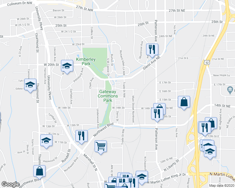 map of restaurants, bars, coffee shops, grocery stores, and more near 1521 Lawrence Way in Winston-Salem
