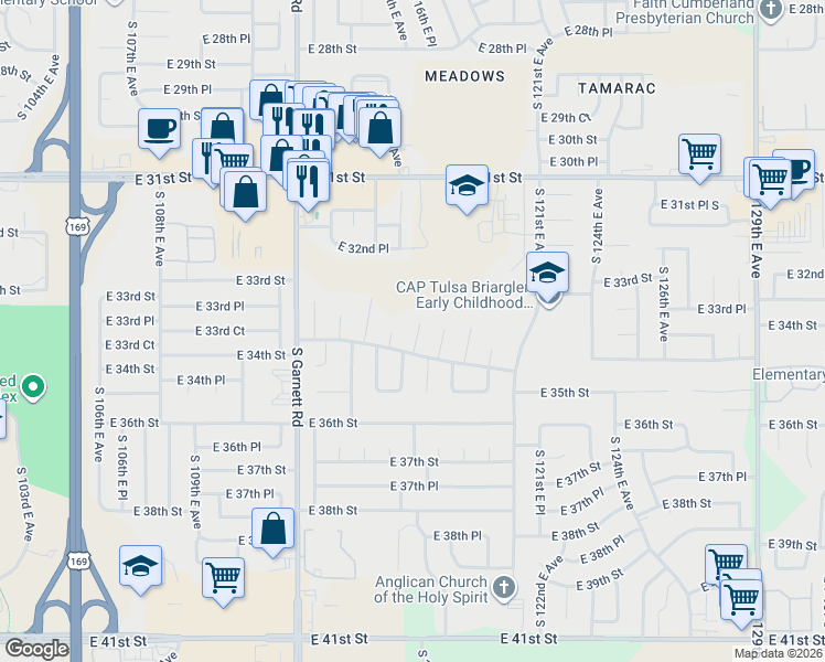 map of restaurants, bars, coffee shops, grocery stores, and more near 3326 South 118th East Avenue in Tulsa