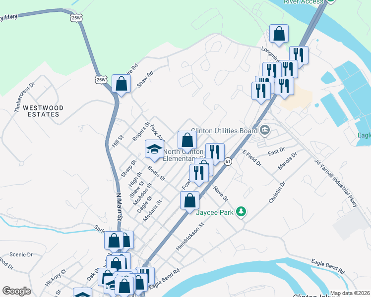 map of restaurants, bars, coffee shops, grocery stores, and more near 883 McAdoo Street in Clinton