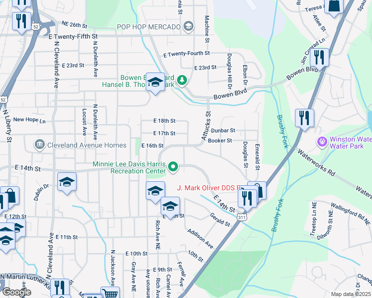 map of restaurants, bars, coffee shops, grocery stores, and more near 2037 Dellabrook Road in Winston-Salem