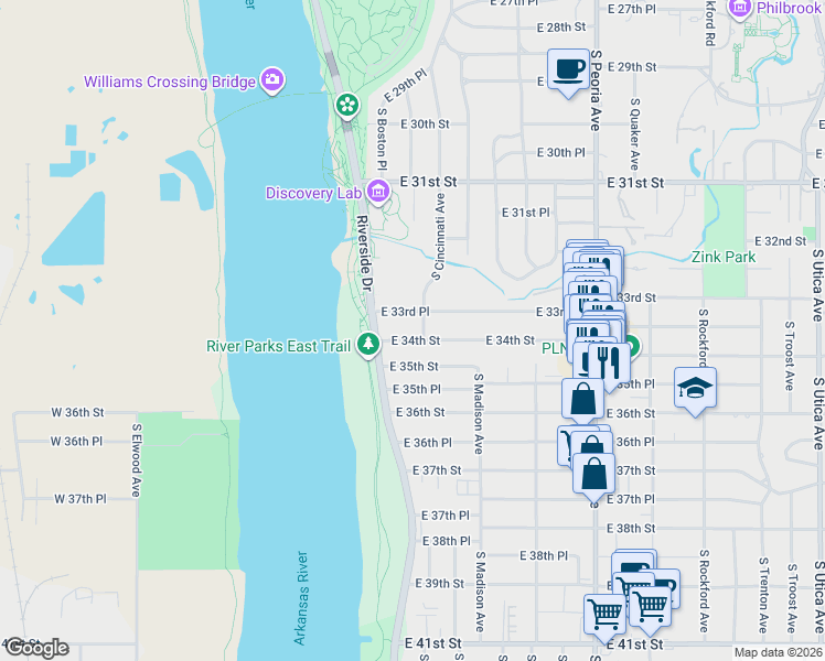 map of restaurants, bars, coffee shops, grocery stores, and more near 115 East 34th Street in Tulsa