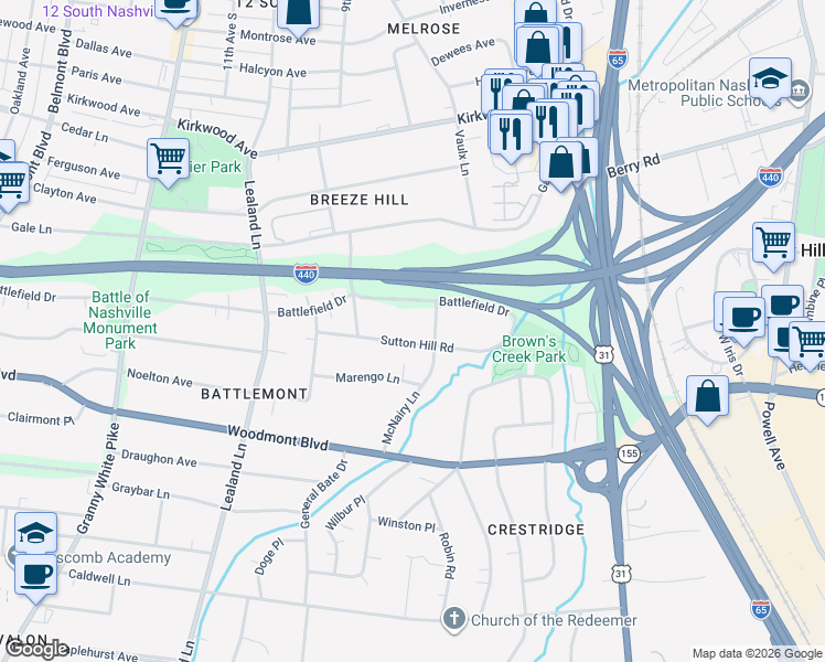 map of restaurants, bars, coffee shops, grocery stores, and more near 906 Sutton Hill Rd in Nashville