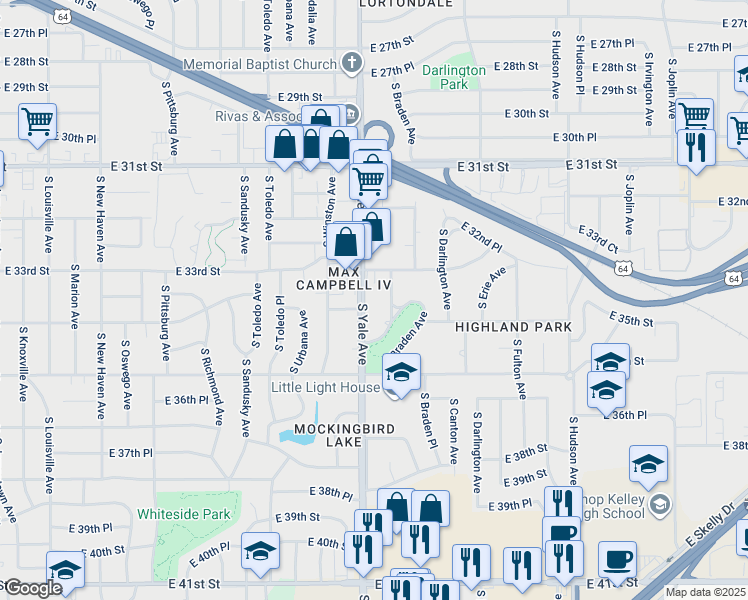 map of restaurants, bars, coffee shops, grocery stores, and more near 3321 South Yale Avenue in Tulsa