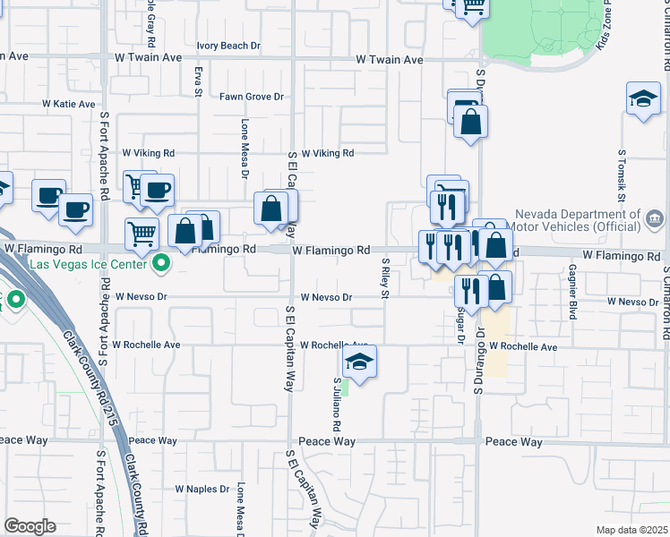 map of restaurants, bars, coffee shops, grocery stores, and more near 8925 West Flamingo Road in Las Vegas