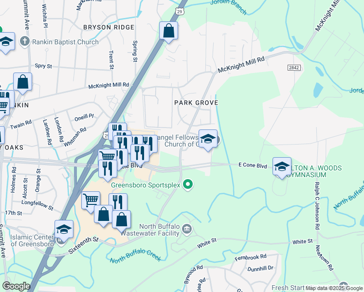 map of restaurants, bars, coffee shops, grocery stores, and more near 2564 16th Street in Greensboro