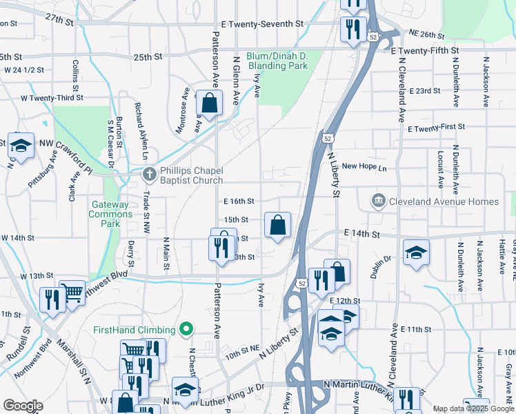 map of restaurants, bars, coffee shops, grocery stores, and more near 1522 Ivy Avenue in Winston-Salem