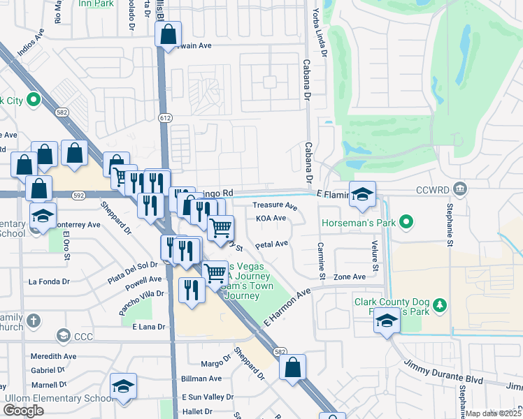 map of restaurants, bars, coffee shops, grocery stores, and more near 5240 Koa Avenue in Las Vegas