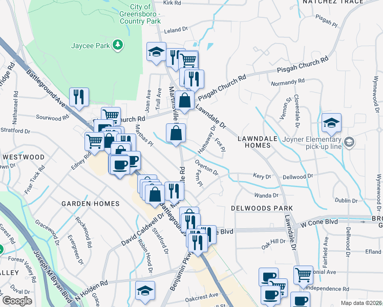 map of restaurants, bars, coffee shops, grocery stores, and more near 2306 Hathaway Drive in Greensboro