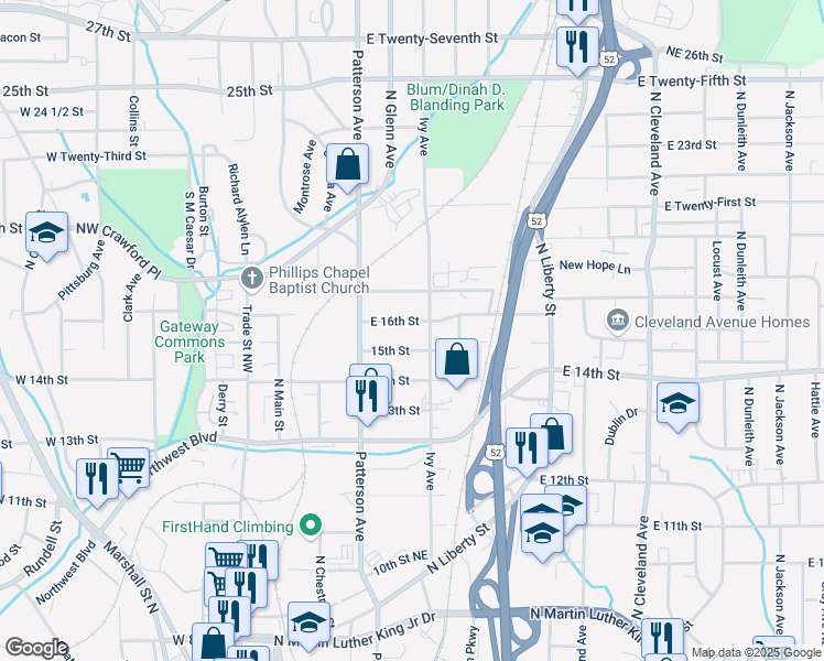 map of restaurants, bars, coffee shops, grocery stores, and more near 1522 Ivy Avenue in Winston-Salem
