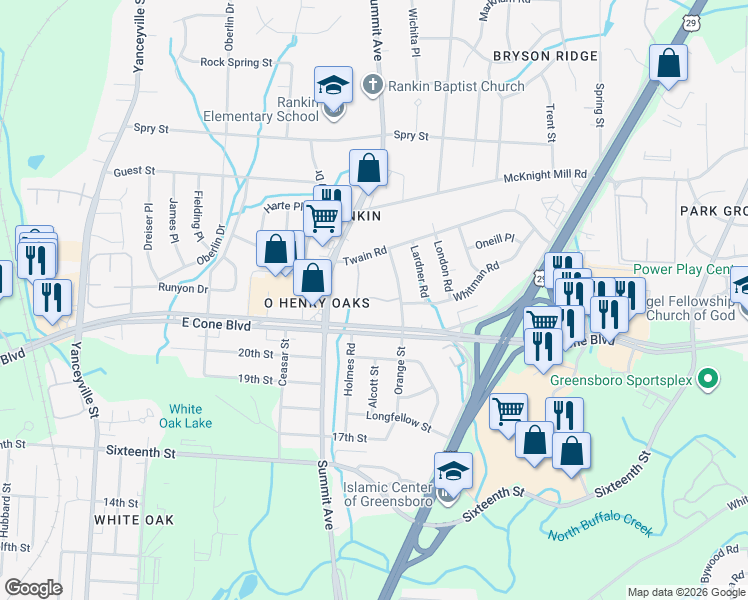 map of restaurants, bars, coffee shops, grocery stores, and more near 3227 Orange Street in Greensboro