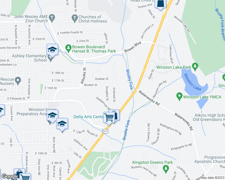 map of restaurants, bars, coffee shops, grocery stores, and more near 1460 Emerald Street in Winston-Salem