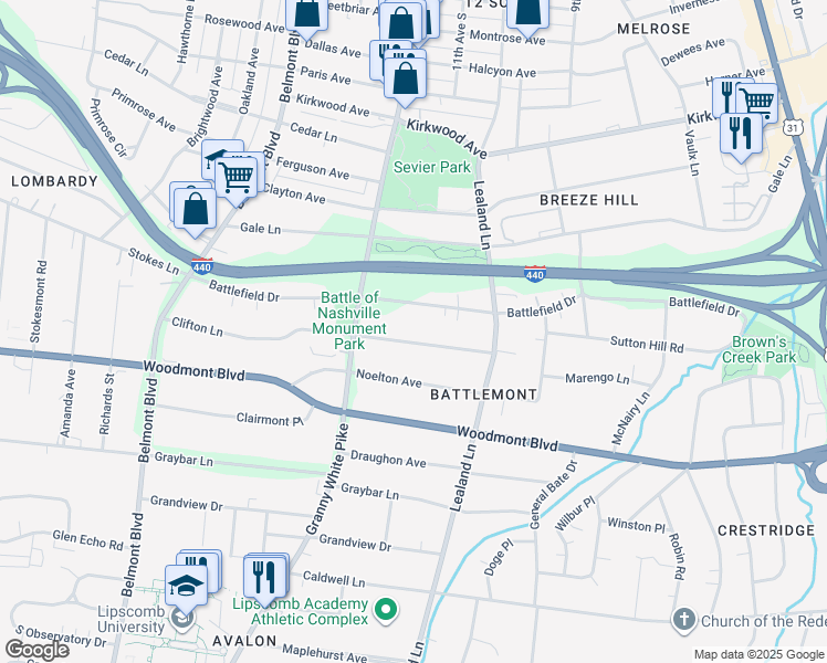 map of restaurants, bars, coffee shops, grocery stores, and more near 1102 Clifton Ln in Nashville