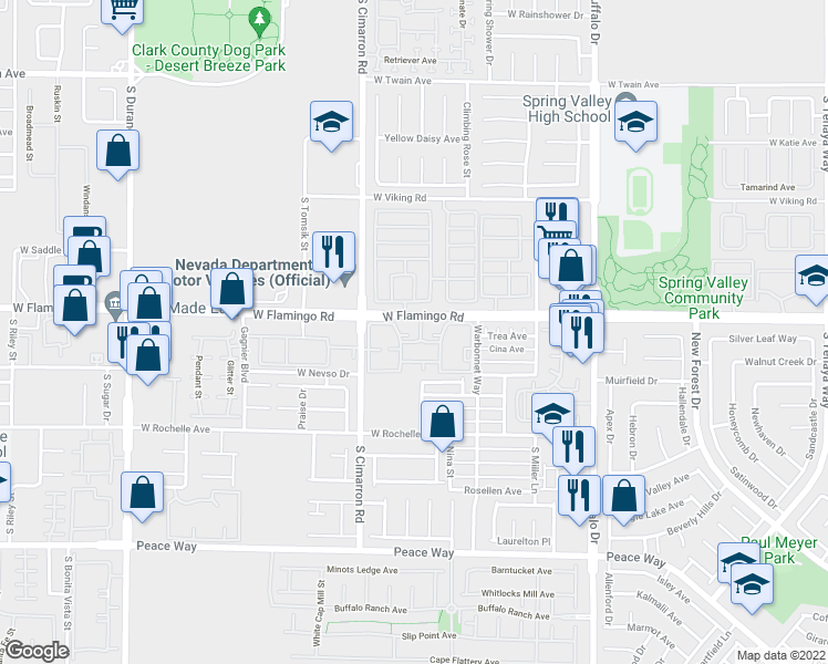 map of restaurants, bars, coffee shops, grocery stores, and more near 8101 West Flamingo Road in Las Vegas