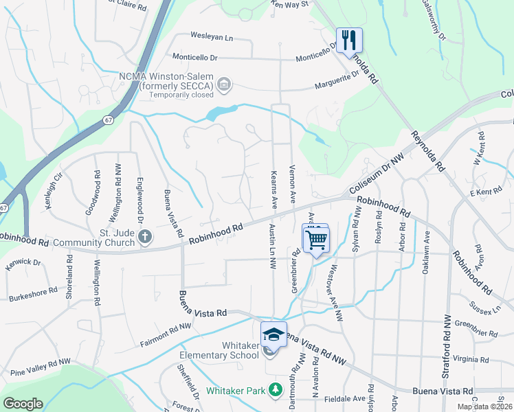 map of restaurants, bars, coffee shops, grocery stores, and more near 2707 Robinhood Road in Winston-Salem