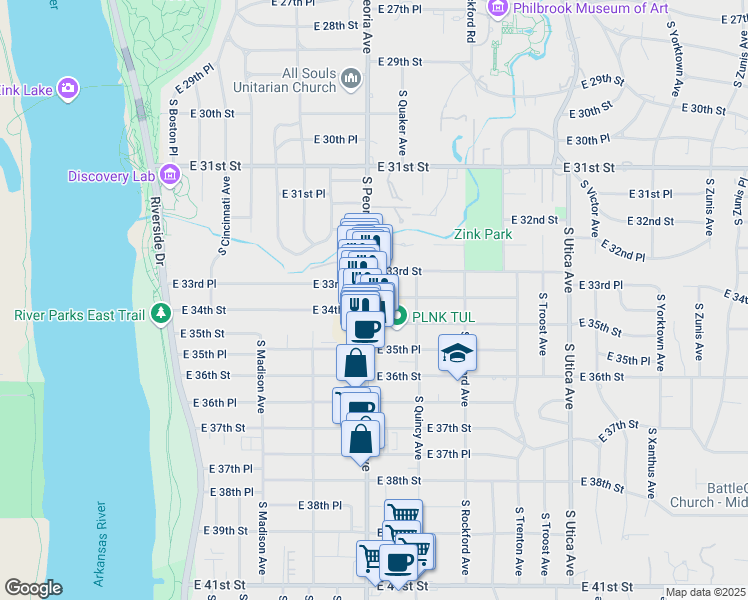 map of restaurants, bars, coffee shops, grocery stores, and more near 3348 South Peoria Avenue in Tulsa