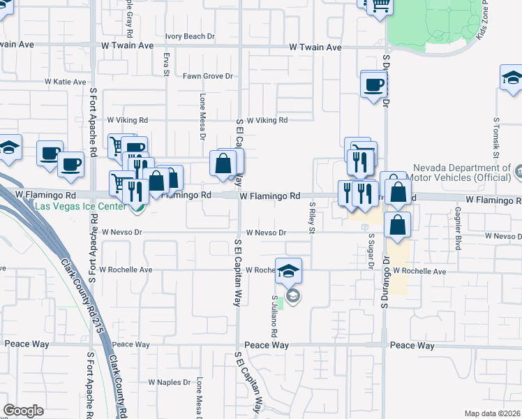 map of restaurants, bars, coffee shops, grocery stores, and more near 8987 West Flamingo Road in Las Vegas