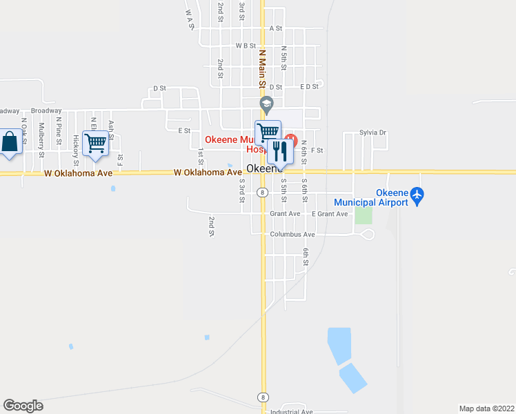 map of restaurants, bars, coffee shops, grocery stores, and more near 220 South Main Street in Okeene