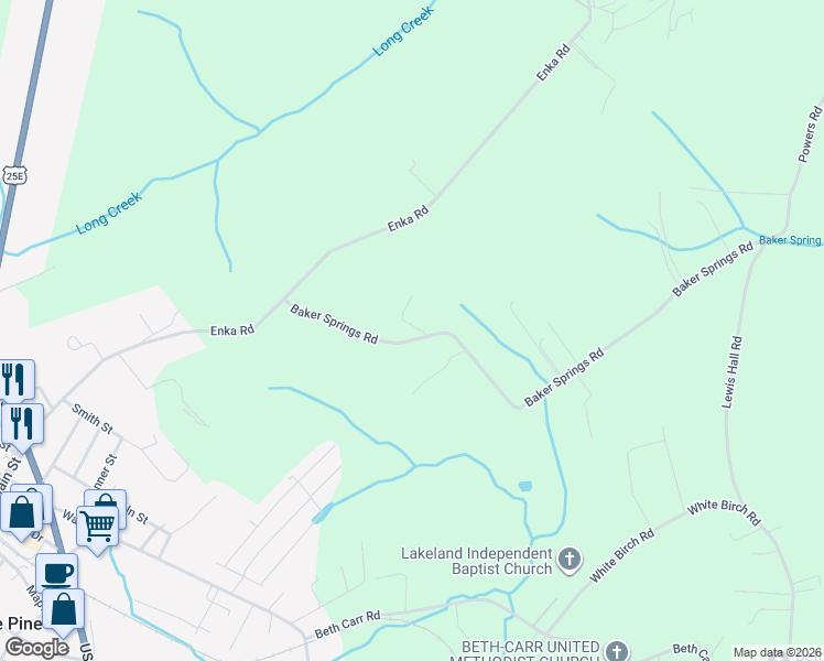 map of restaurants, bars, coffee shops, grocery stores, and more near 3366 Baker Springs Road in Baneberry