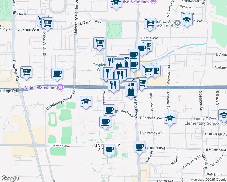 map of restaurants, bars, coffee shops, grocery stores, and more near 1055 East Flamingo Road in Las Vegas