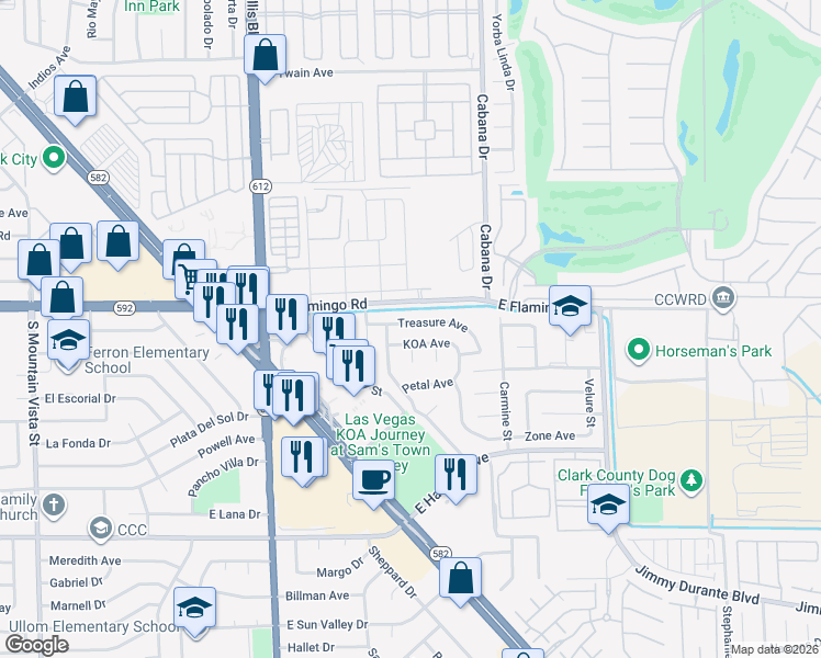 map of restaurants, bars, coffee shops, grocery stores, and more near 5240 Koa Avenue in Las Vegas