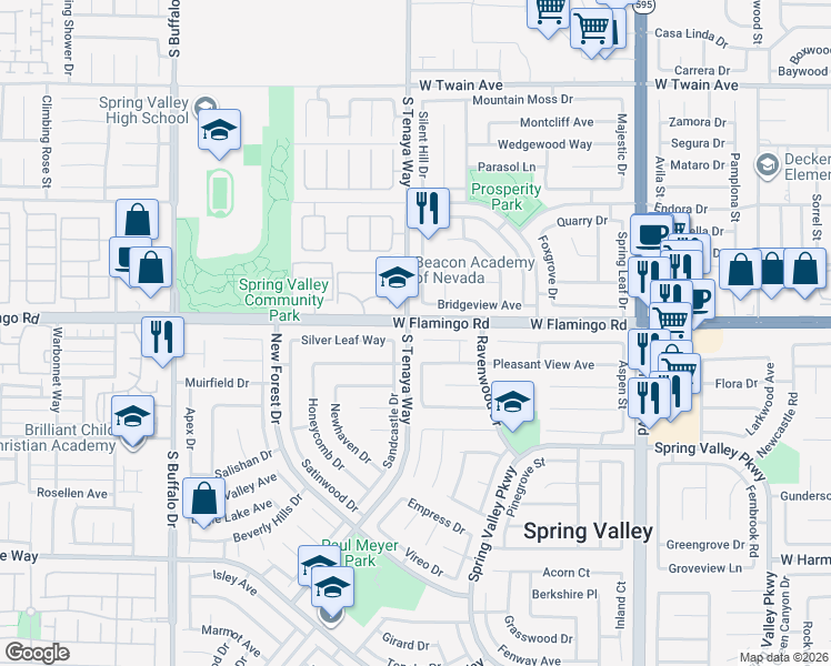 map of restaurants, bars, coffee shops, grocery stores, and more near 7300 Clearwater Circle in Las Vegas