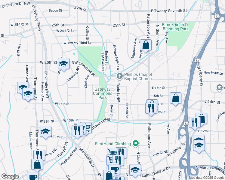 map of restaurants, bars, coffee shops, grocery stores, and more near 1521 Lawrence Way in Winston-Salem