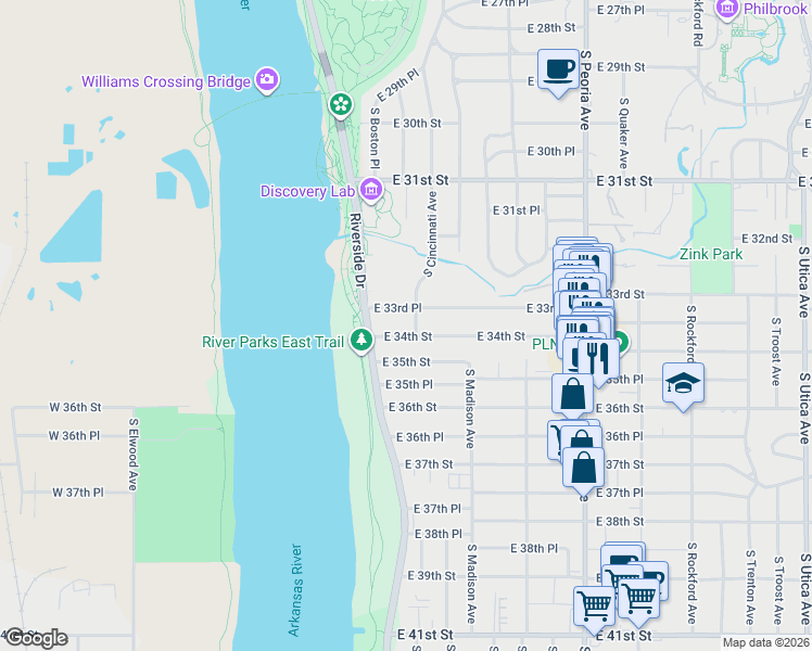 map of restaurants, bars, coffee shops, grocery stores, and more near 115 East 34th Street in Tulsa