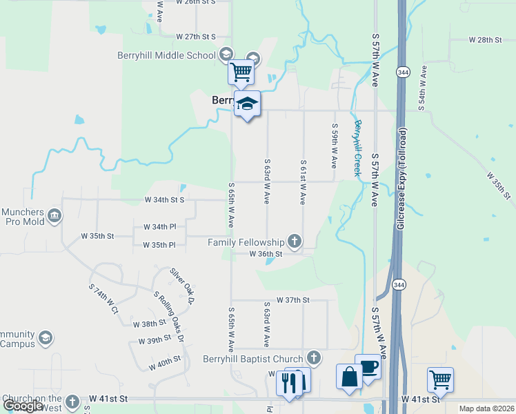 map of restaurants, bars, coffee shops, grocery stores, and more near 3340 South 63rd West Avenue in Tulsa