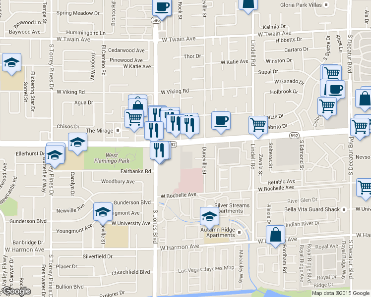 map of restaurants, bars, coffee shops, grocery stores, and more near 5975 West Flamingo Road in Las Vegas